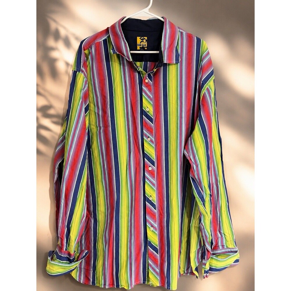 Vintage Raw Blue Stripe Button Up Shirt Multicolor 4XL Cotton Korea